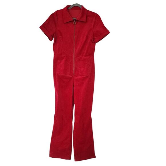 Corduroy Jumpsuit Overall M Red Stretchy Cotton Utility Retro Bootcut New - Picture 2 of 11
